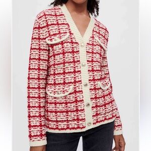 Maje Red and Cream Tweed Cardigan